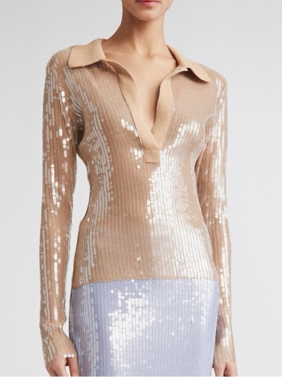 MONSE Tops - MONSE Mesh Sequin Top Long Sleeve Polo Nude Beige Women’s Size S